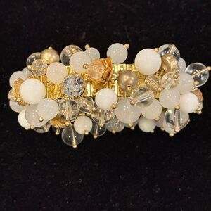 Vintage Lucite Gold and White Cha Cha Beaded Stretch Bracelet